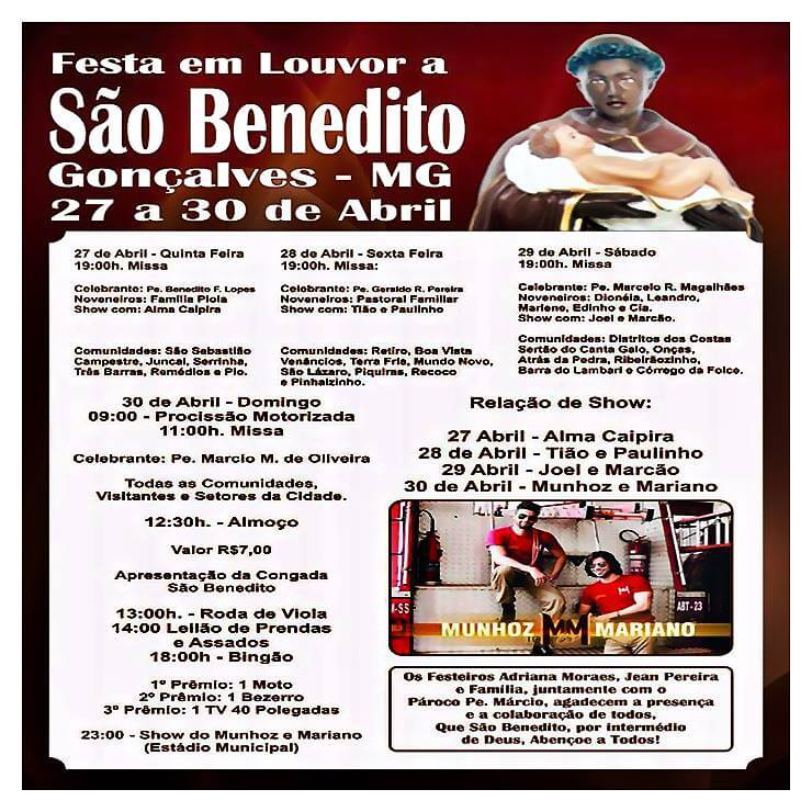 Cartaz com a programação da festa em homenagem a São Benedito em Gonçalves MG - de 27 a 30 de abril de 2017.